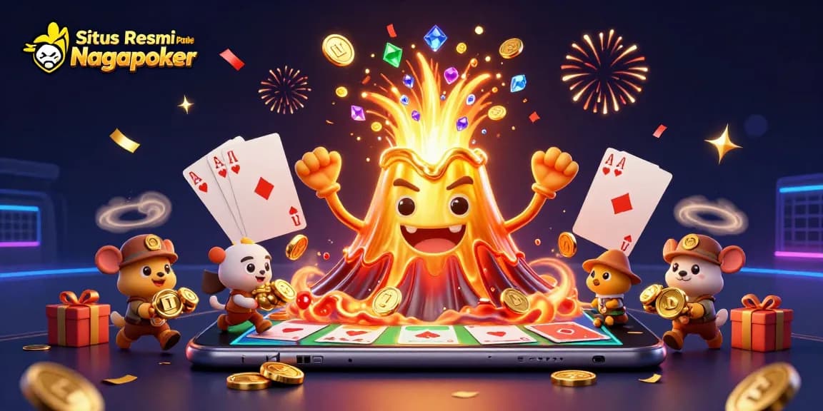 Situs Resmi Poker Online Nagapoker showcases an erupting golden volcano overflowing with poker treasures