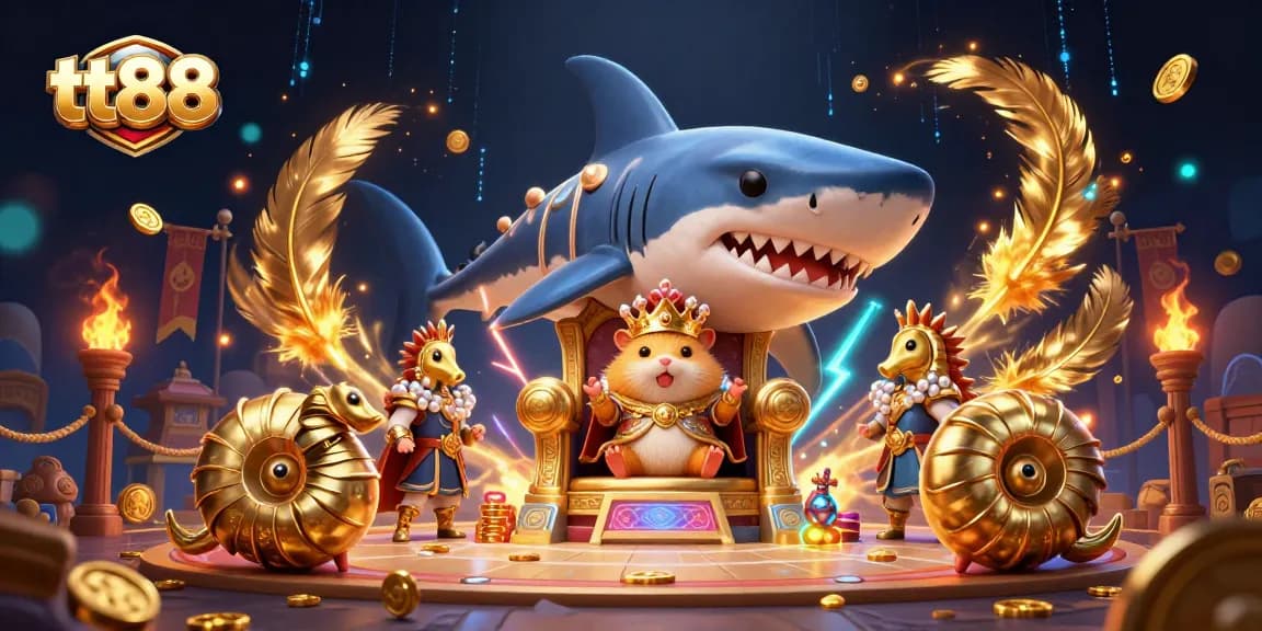 Join the fierce hamster king at tt88 in a thrilling 3D casino scene with shimmering gold and dynamic game elements.