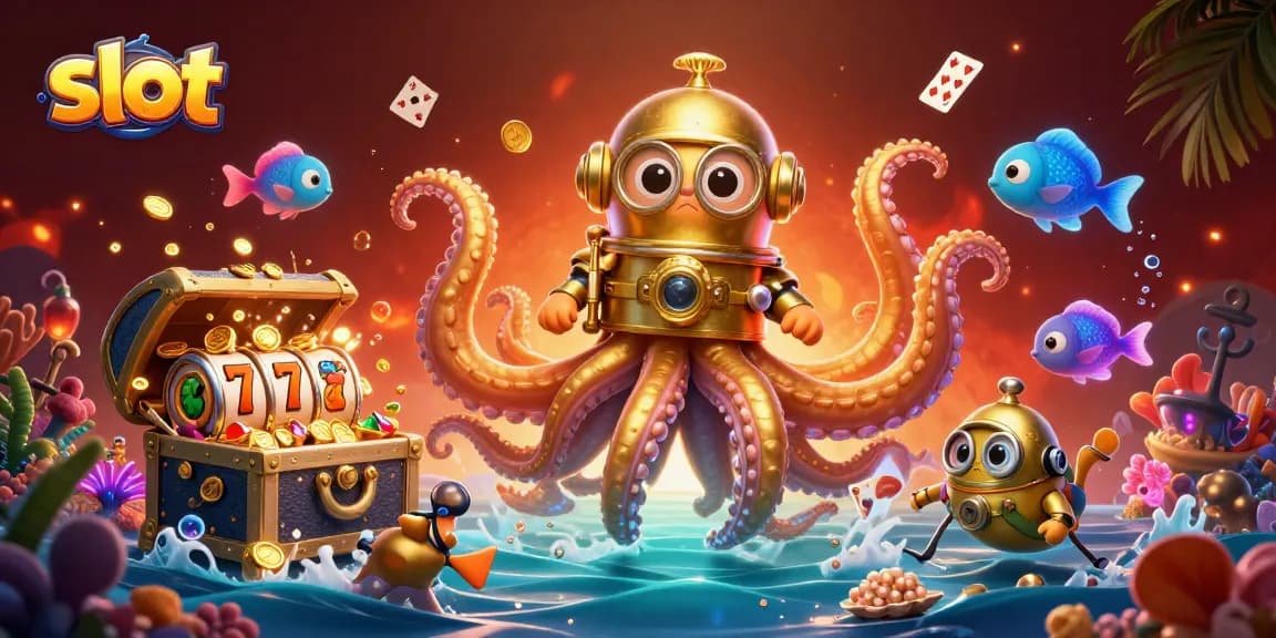 Experience thrilling slot adventures with a colorful 3D kraken and vibrant casino elements.
