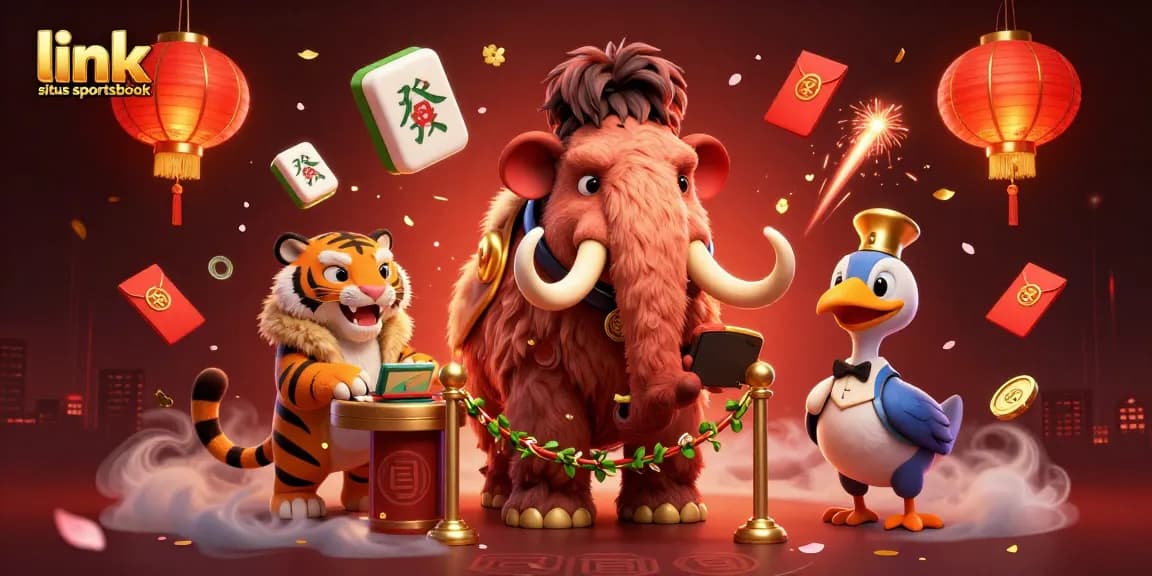 Experience the thrill with link situs sportsbook, featuring a 3D mammoth bouncer and vibrant casino elements.