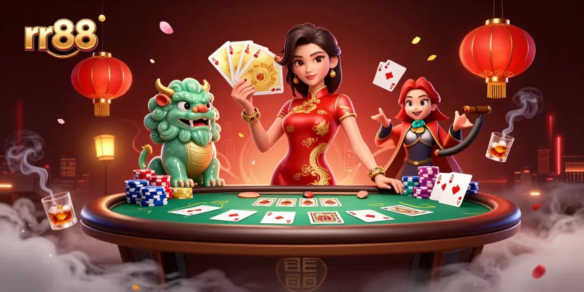 Experience the exciting world of rr88 with this vibrant illustration of a woman in a qipao holding playing cards.
