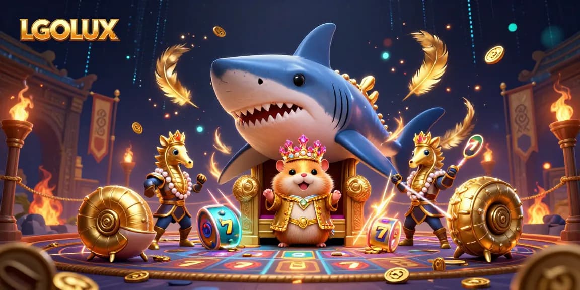 Experience the excitement of LGOLUX casino through a vibrant 3D illustration featuring characters and slot elements.