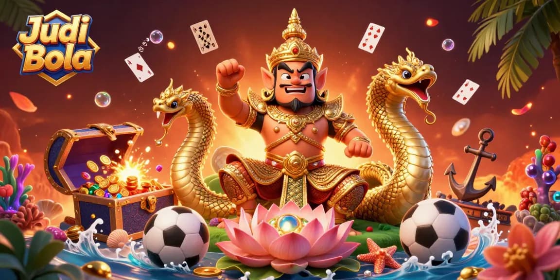 Bet on Judi Bola with a vibrant illustration of a Thai guardian, sports elements, and treasure, expressing excitement.