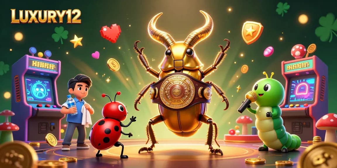 LUXURY12 showcases an animated scene with a golden stag beetle and ladybug, capturing casino excitement