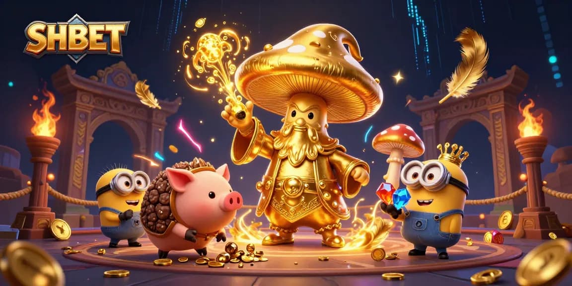 Experience the vibrant magic of SHBET with a 3D illustration of a wizard and treasures.
