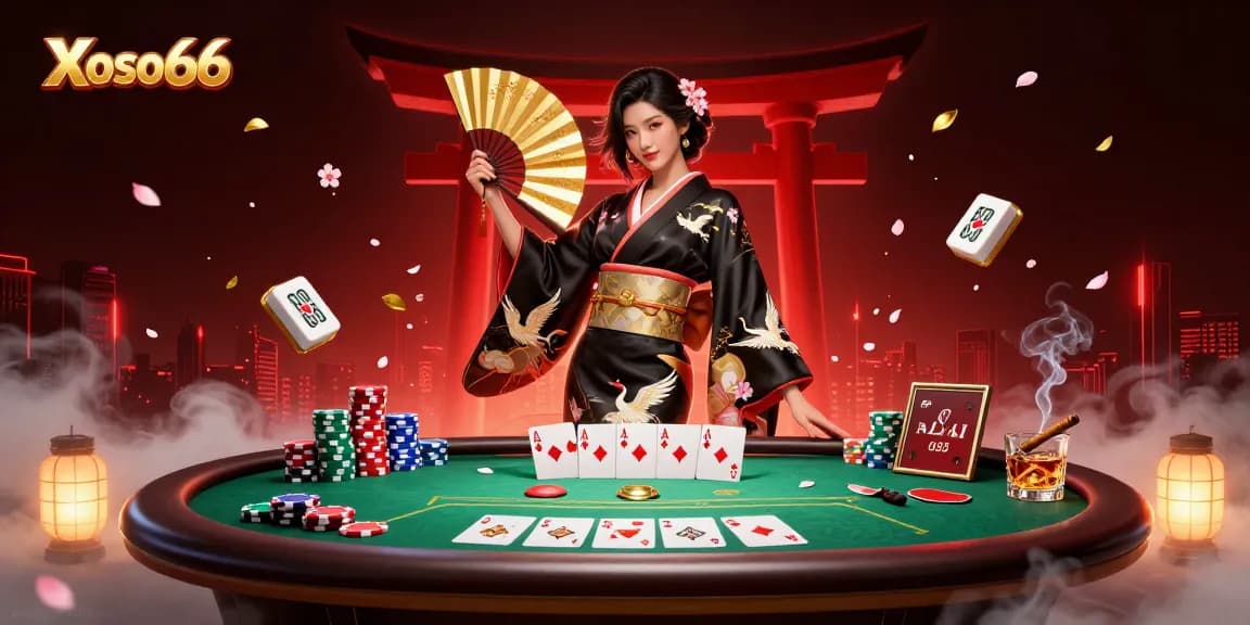 Xoso66 showcases a stunning 3D illustration capturing a dynamic casino scene with colorful poker elements and an elegant Asian woman.