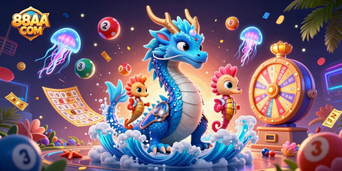 Experience excitement with 88AA COM in this lively casino scene featuring vibrant lottery elements.