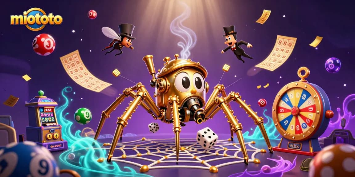 Spin the lucky lottery wheel with miototo’s playful steampunk characters in a vibrant casino scene.