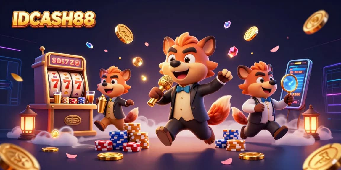 Spin slot machines and win big at IDCASH88, featuring vibrant gaming action and dynamic scenes.