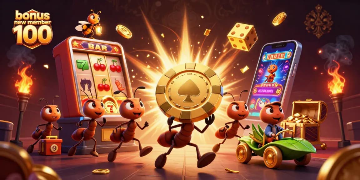 Engage in fun gameplay with bonus new member 100, as ants orchestrate a heist amid a jackpot explosion.