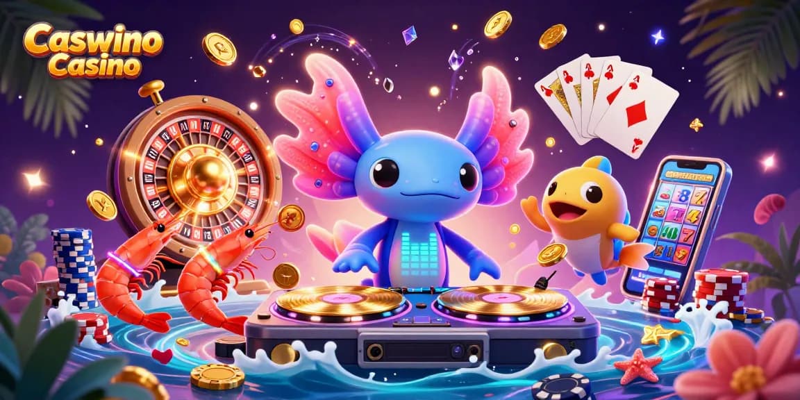 Spin to win at Caswino Casino with an energetic axolotl DJ and vibrant casino themes.