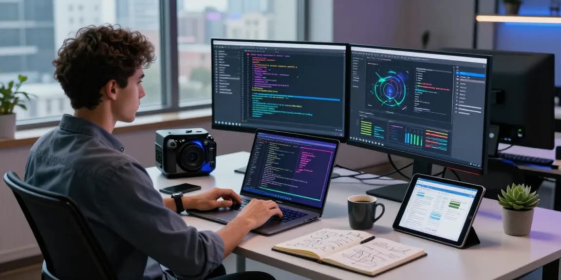 Professional coding session with an AI laptop, dual monitors showing vibrant code, modern tech workspace atmosphere.