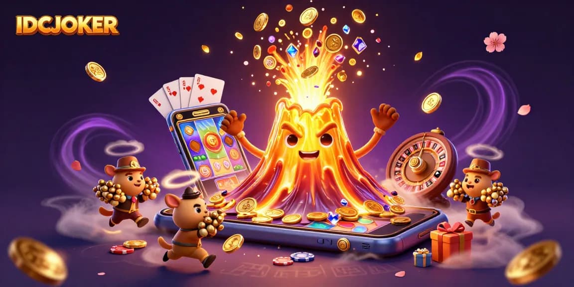 Experience the thrill of IDCJOKER casino gaming with vibrant slot elements and an erupting volcano of treasures.