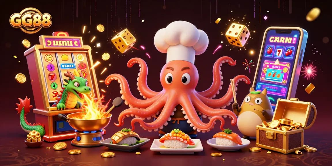 Experience the excitement of GG88 with vibrant casino elements, featuring a sushi chef octopus and friends.