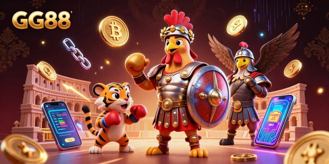 Engage with GG88's immersive gaming experience featuring a gladiator rooster and crypto elements.