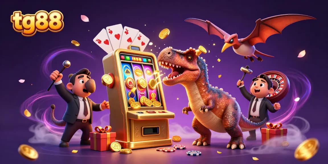 tg88 showcases a cartoon pachycephalosaurus hitting a slot machine for a jackpot in a vibrant casino scene.
