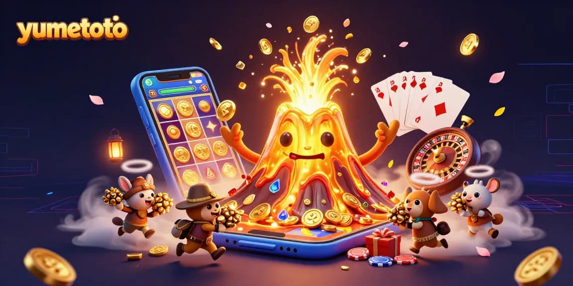 Celebrate your wins at yumetoto with spinning reels and golden treasures in this vibrant casino scene.