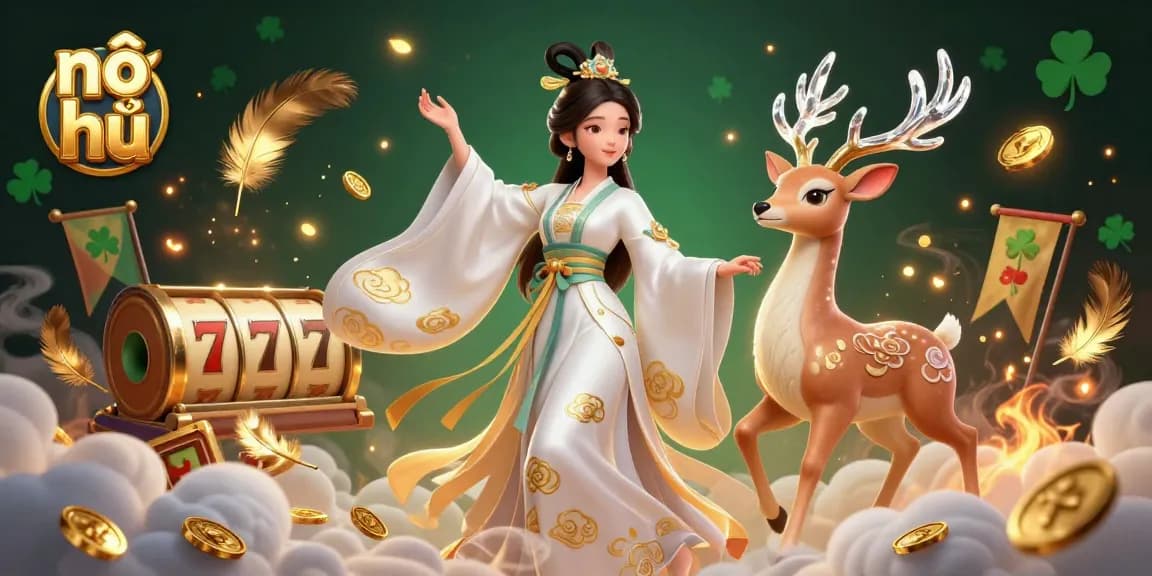 Nổ hũ captures the essence of strategic gaming, showcasing vibrant casino elements like slot reels and golden coins.