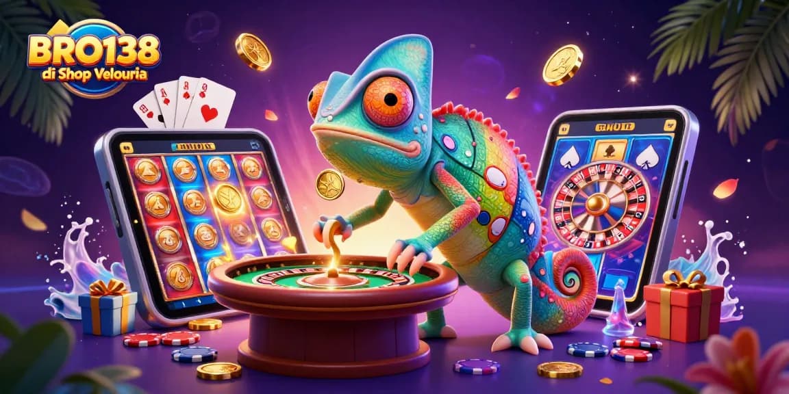 Engage with BRO138 di Shop Velouria's vibrant gaming world featuring an energetic chameleon casino owner and exciting slot action.