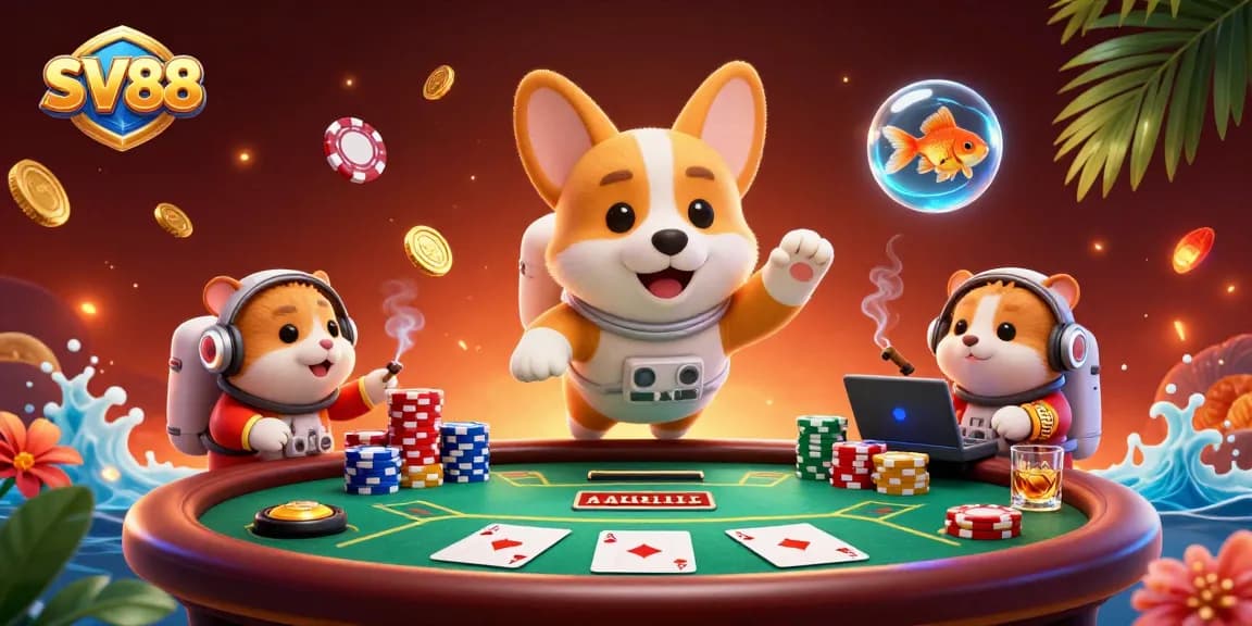SV88 casino adventure featuring a corgi astronaut and a hamster controlling poker chips in space.