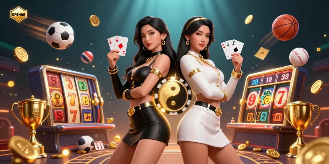 Engage with OPEN88's vibrant casino scene featuring twin Asian women showcasing powerful gaming strategies.