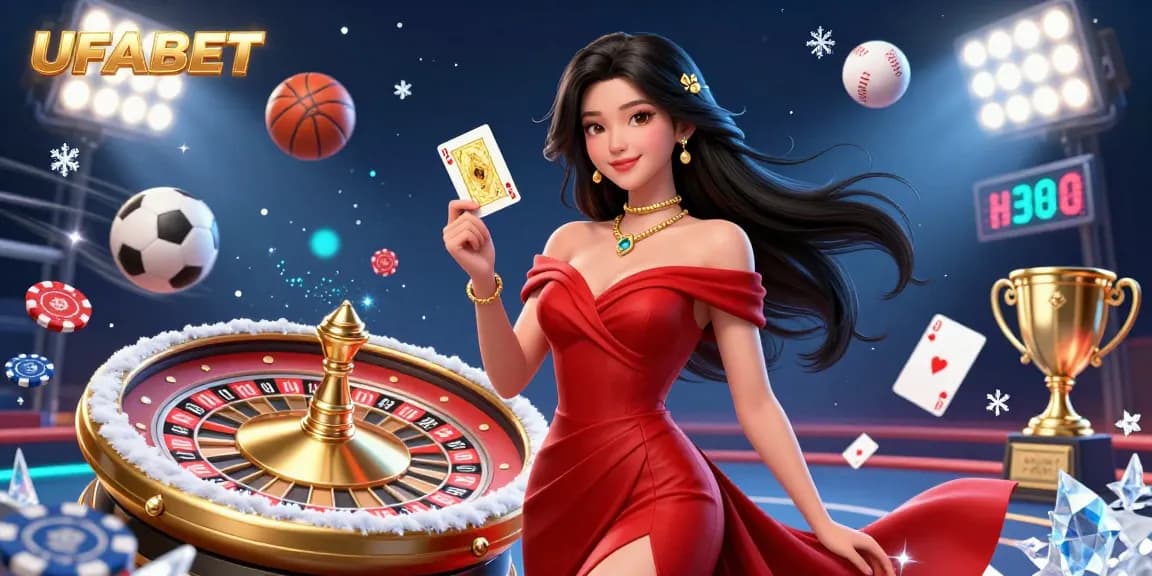 Experience thrilling moments at UFABET's glamorous casino with an enchanting woman and dynamic gaming elements.