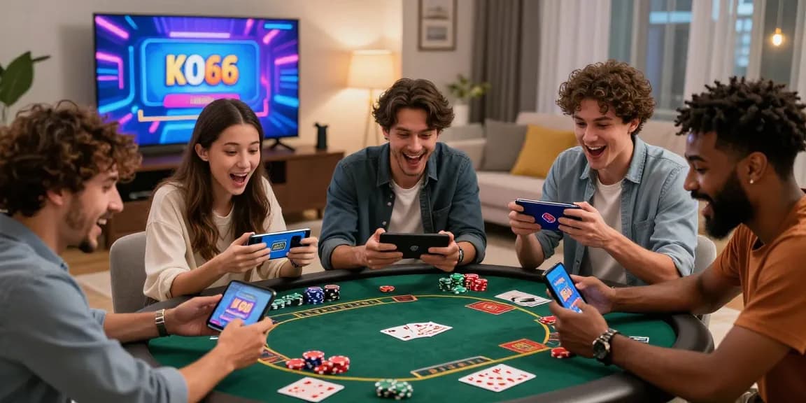 Excited gamers enjoying KO66 app in a vibrant living room environment.