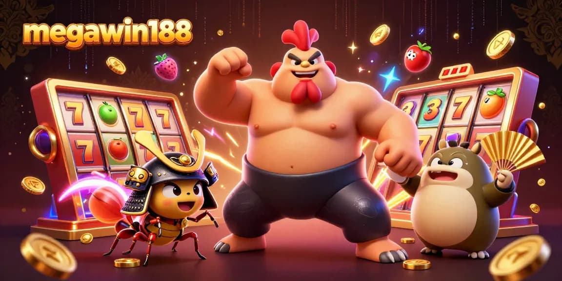 megawin188 menampilkan ilustrasi digital dari ayam sumo yang kuat dan pejuang jangkrik bersemangat.