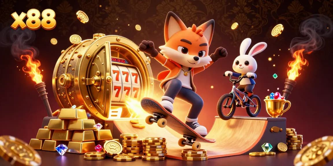 x88 spins the wheel of fortune with vibrant cartoon characters and dazzling casino elements in a vibrant gaming scene.