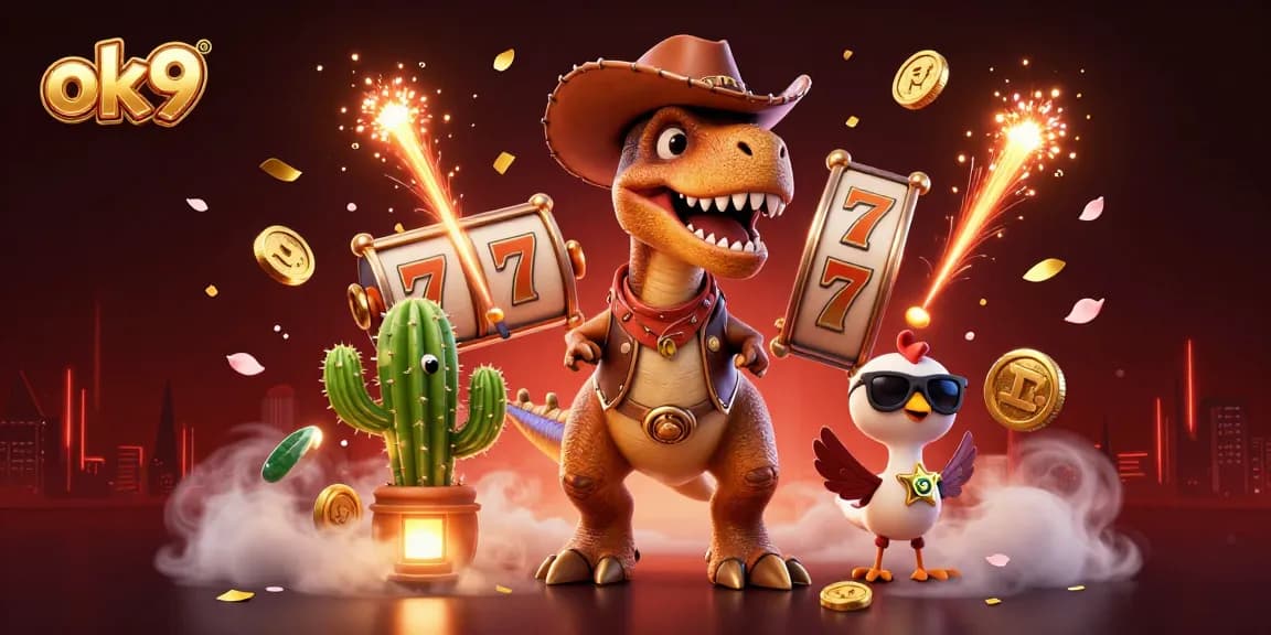 Engage with exciting slot games at ok9 as a cowboy dinosaur and friends explore a vibrant casino scene.