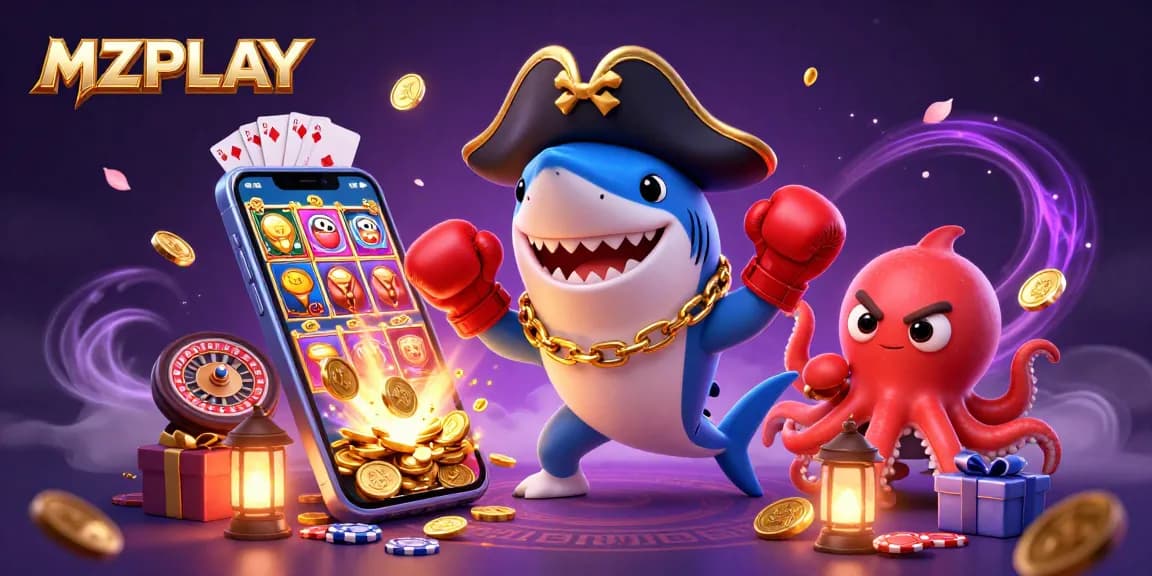 MZPLAY introduces a vibrant casino scene with a shark and friends enjoying games and winning moments.