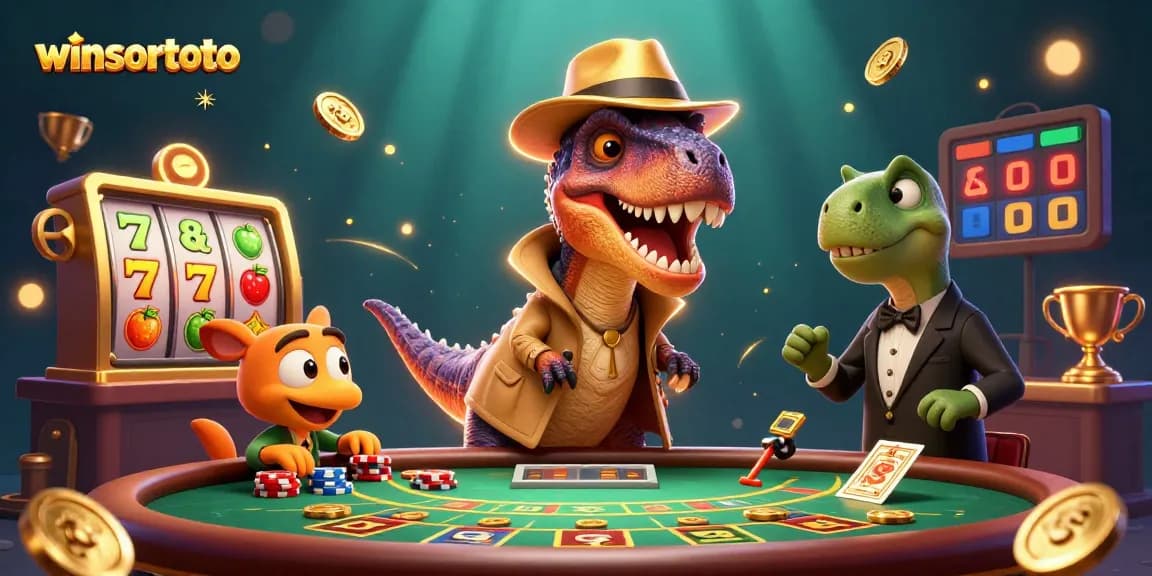 Experience the excitement of winsortoto with a velociraptor at the blackjack table amidst thrilling slot game visuals.