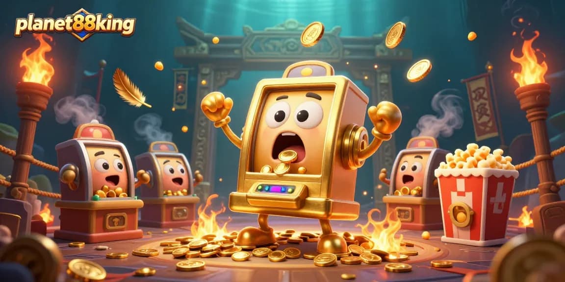 planet88king slots jackpot celebration with animated golden slot machine and cheering baby machines in a vibrant casino scene