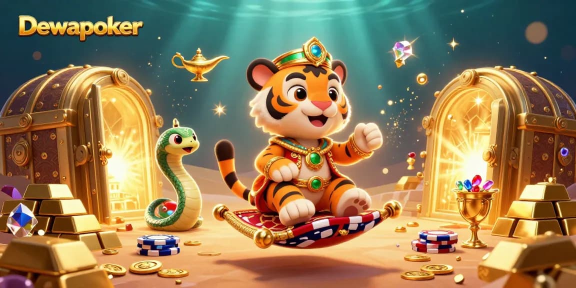 Dewapoker brings magic to online gambling with a vibrant Arabian Nights-themed 3D illustration of a tiger sultan.
