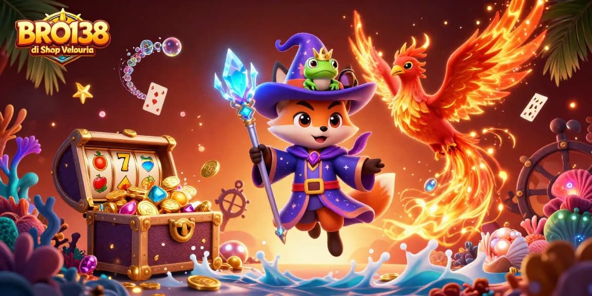 BRO138 di Shop Velouria invites players to spin the reels amid a magical scene of treasure, symbols, and dynamic characters.