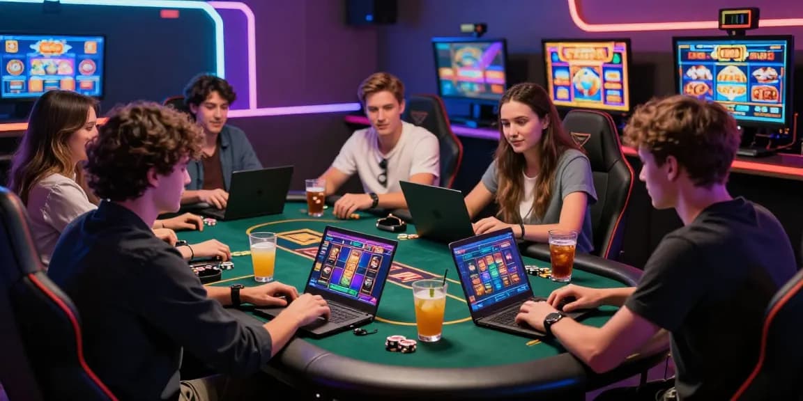 Group enjoying slot poker games in a lively online casino setting