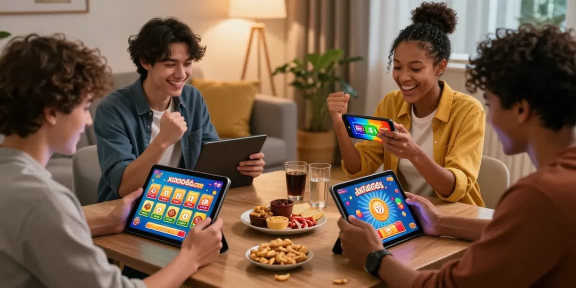 A lively group celebrating while playing lottery games on xoso66.com, surrounded by modern decor and vibrant visuals.