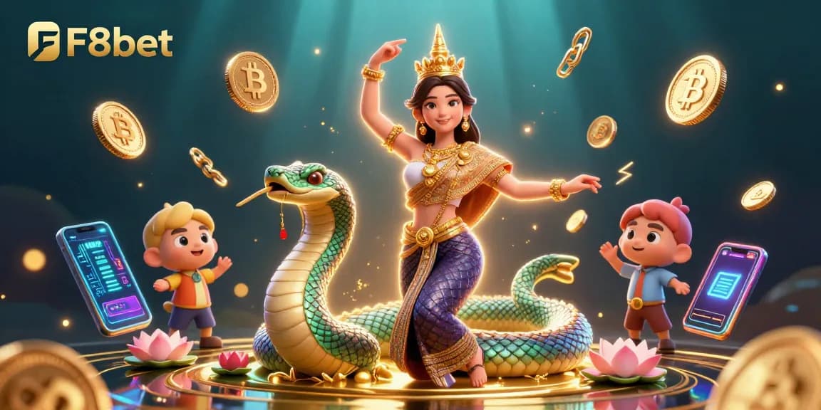 Engage with F8bet's unique gaming experience showcasing vibrant elements and a Thai dancer.