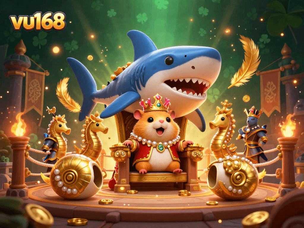 Experience the excitement of vu168 with a dynamic casino scene featuring a hamster king and thrilling gaming elements.