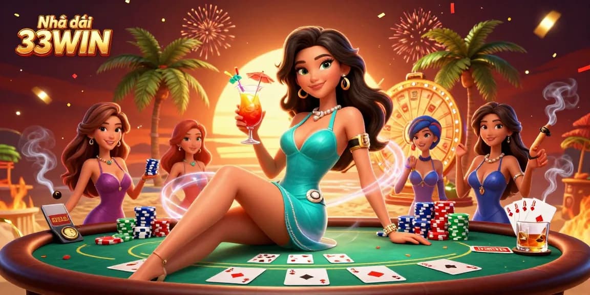 Play thrilling games at Nhà cái 33WIN with vibrant casino elements, dynamic action scenes, and festive ambiance.