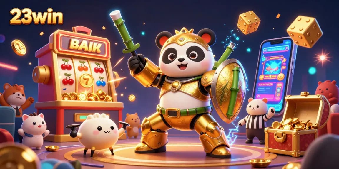 Experience thrilling gaming action with 23win through a vibrant 3D casino scene showcasing dynamic slot machines and lively characters.