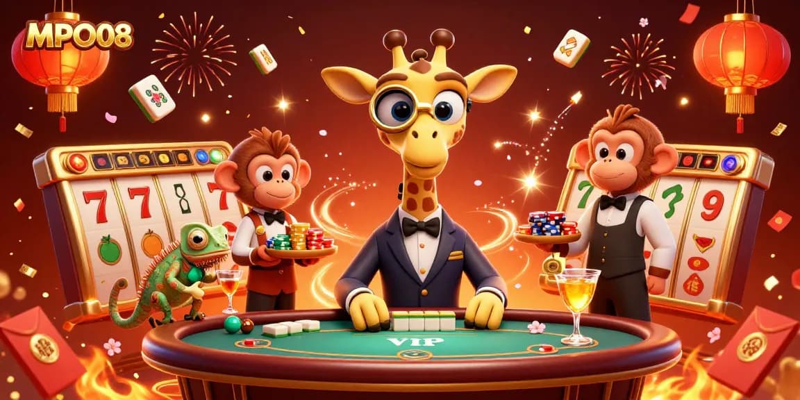 MPO08 offers a vibrant scene of a giraffe at a VIP poker table, highlighting thrilling slots and a lively atmosphere.
