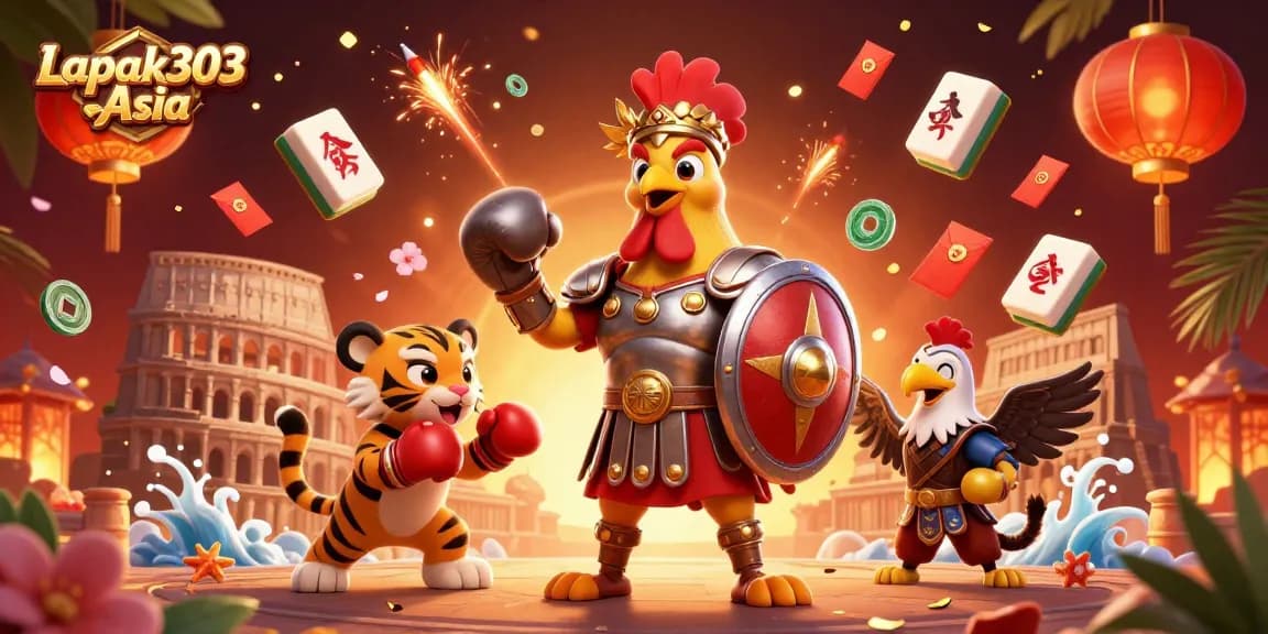 Engage in gaming excitement with Lapak303 Asia, featuring a gladiator rooster and lively casino elements.
