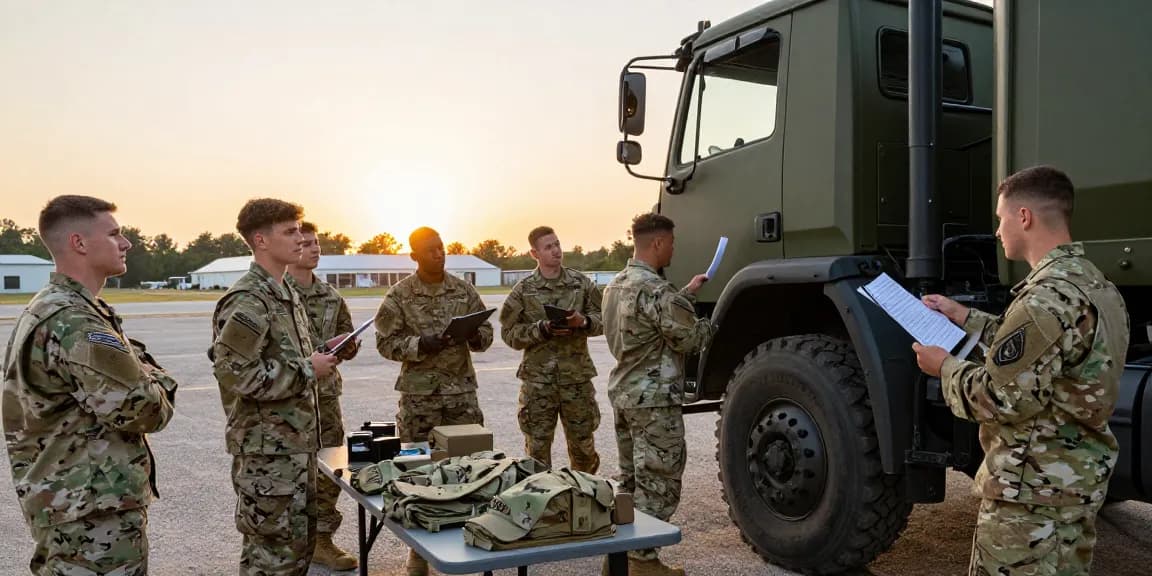 A group of recruits training as motor transport operators in the Army, highlighting vehicle inspection and teamwork at a training facility, showcasing 88m. com logistics in action.