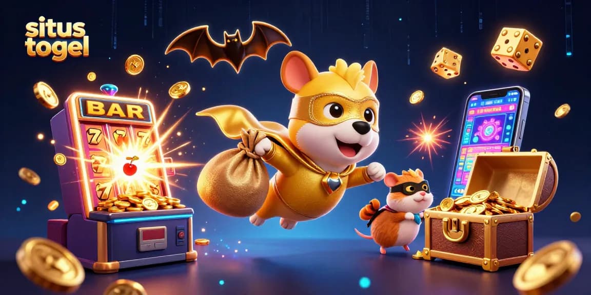 Join the exciting world of situs togel with a dynamic illustration featuring a superhero dog and a hamster in a casino scene.