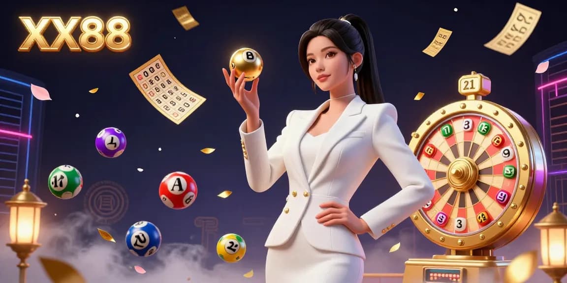 Experience thrilling gaming at XX88 with a confident woman holding a golden roulette ball amidst vibrant casino elements.