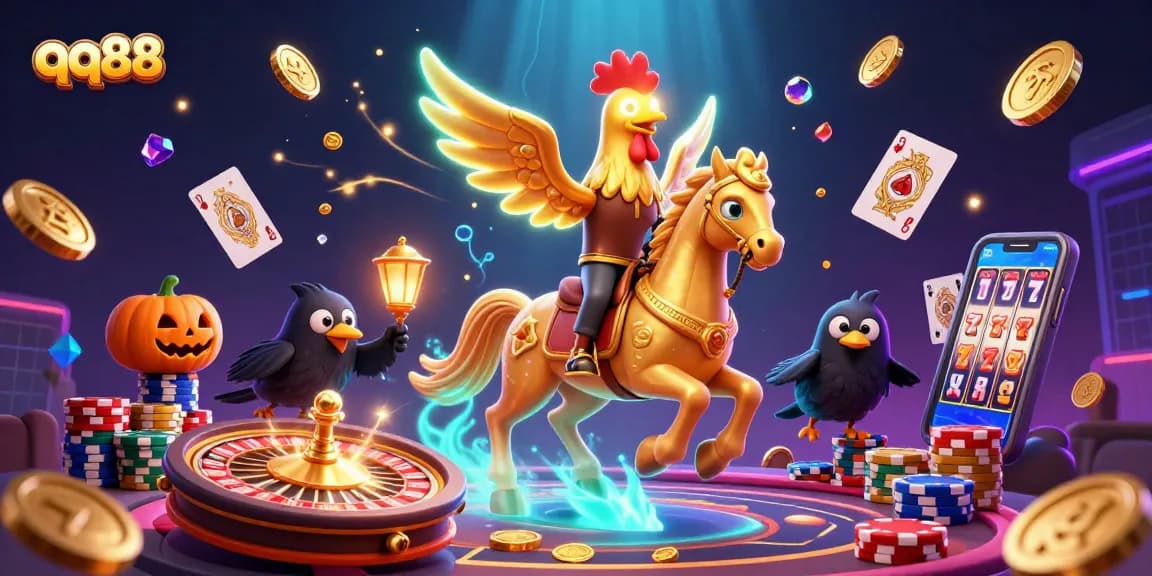 Experience thrilling wins at qq88 with a golden rooster in a vibrant casino setting, surrounded by sparkling gems and coins.