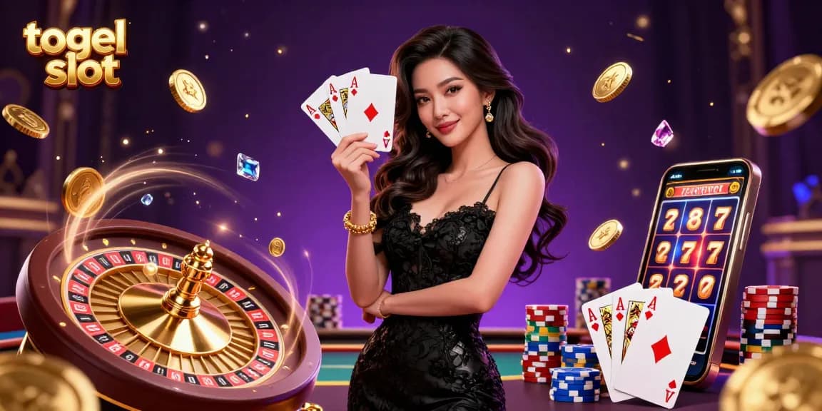Experience thrilling togel slot with an elegant woman holding ace cards amidst casino excitement.