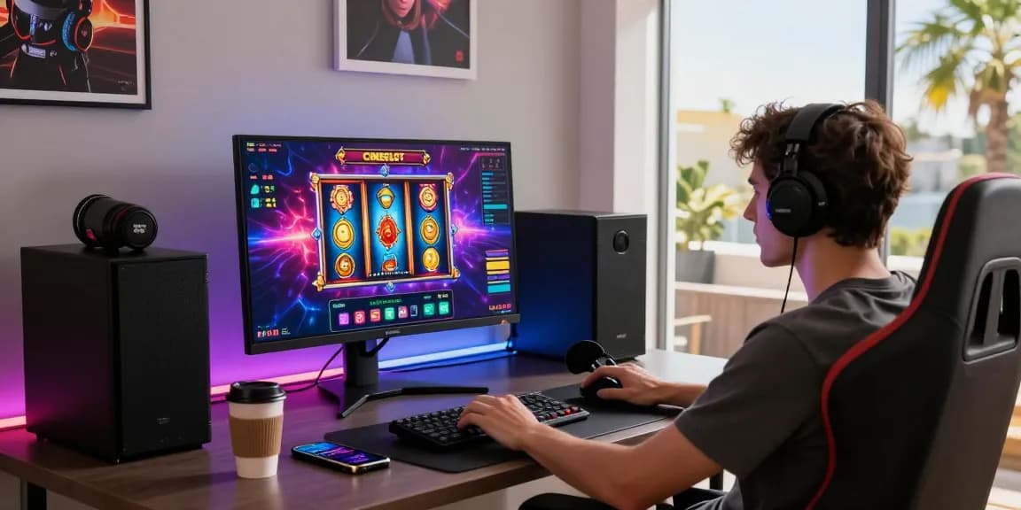 Engaging scene of a user playing Login Cemeslot Resmi on a gaming setup, showcasing vibrant slot graphics and a modern home environment.