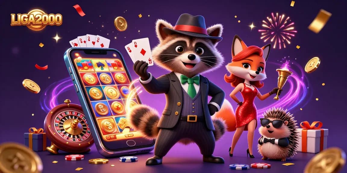 LIGA2000 menampilkan rakun pemenang yang memegang royal flush di tengah permainan slot yang cerah dan elemen kasino berwarna-warni.